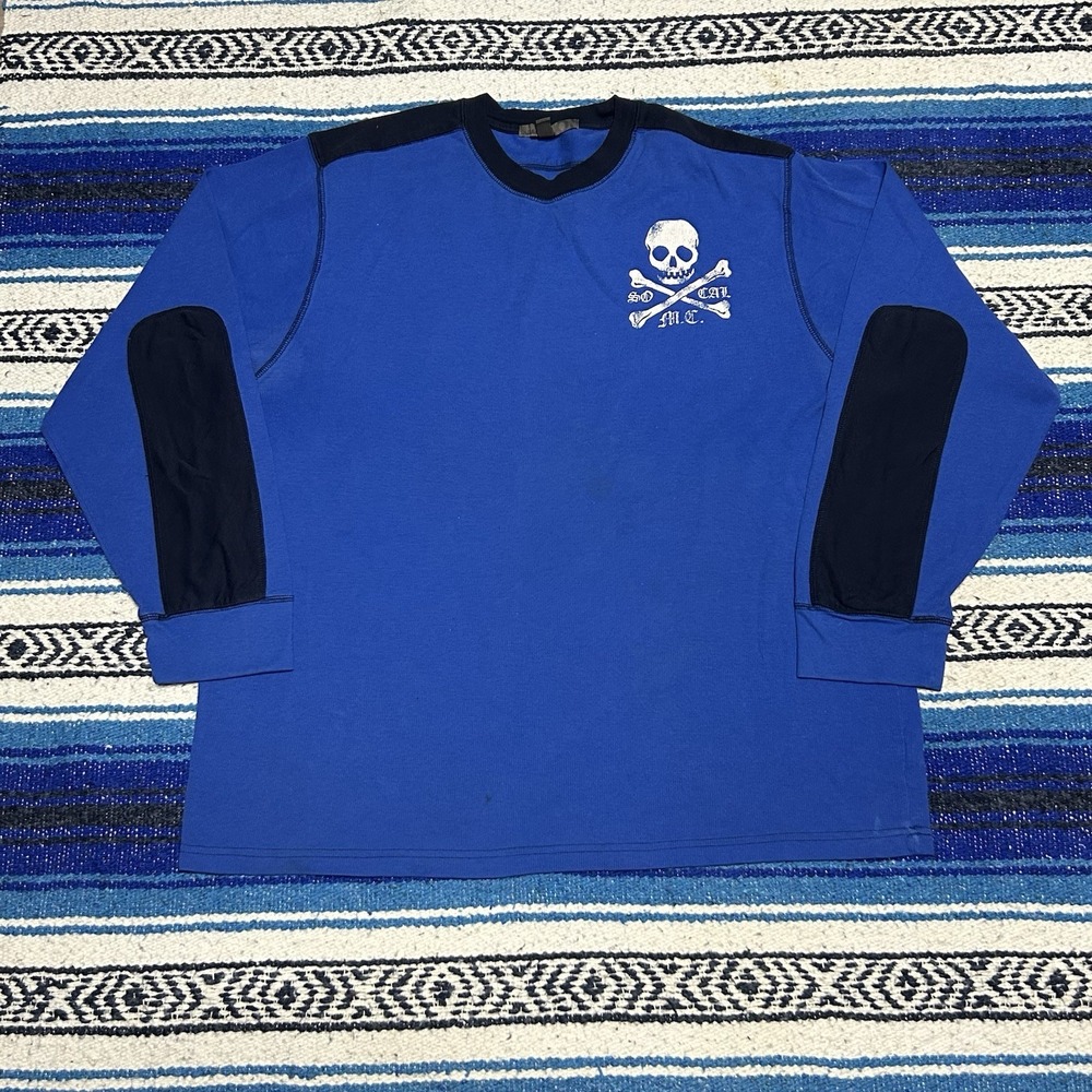 Vintage Y2K Old Navy So Cal MC Skull Long Sleeve Shirt Mens 2XL Blue Biker